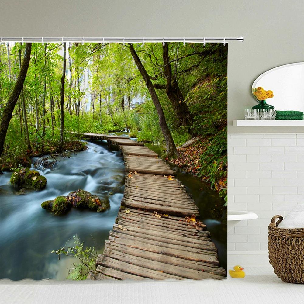 European Flowers Scenery Garden Shower Curtain, Rustic Nature Landscape Path Arch Decor Bath Curtain For Shower Stall Bathroom