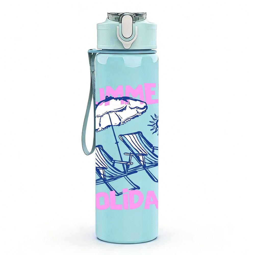 1PC Summer Holiday Pastel Letter Print 750ml Color Plastic Sports Water Bottle Leakproof Flip Straw Lid Suitable for Sports Office Home Use
