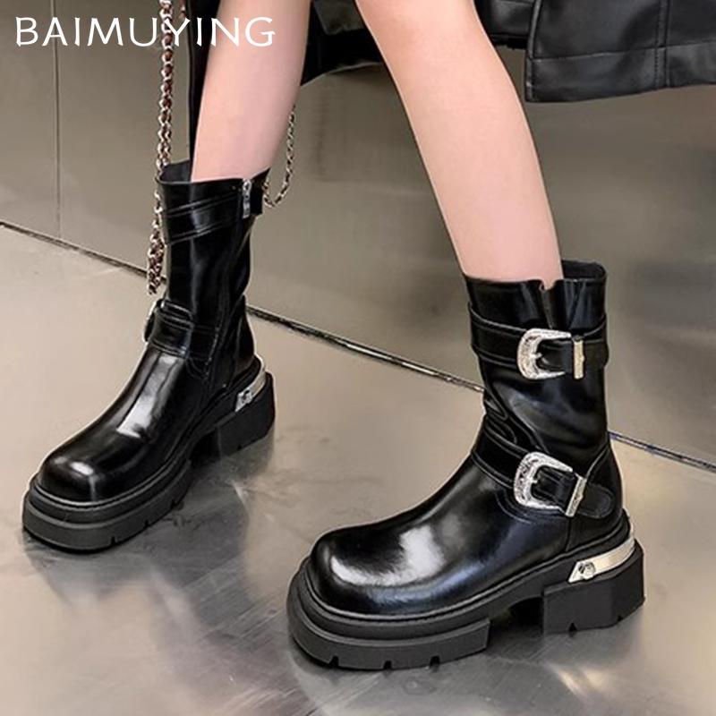 Women Platform Mid Calf Boots Fashion Leather Buckle Mid Heels Shoes 2025 Trend Winter New Brand Designer Pumps Botas De Mujer