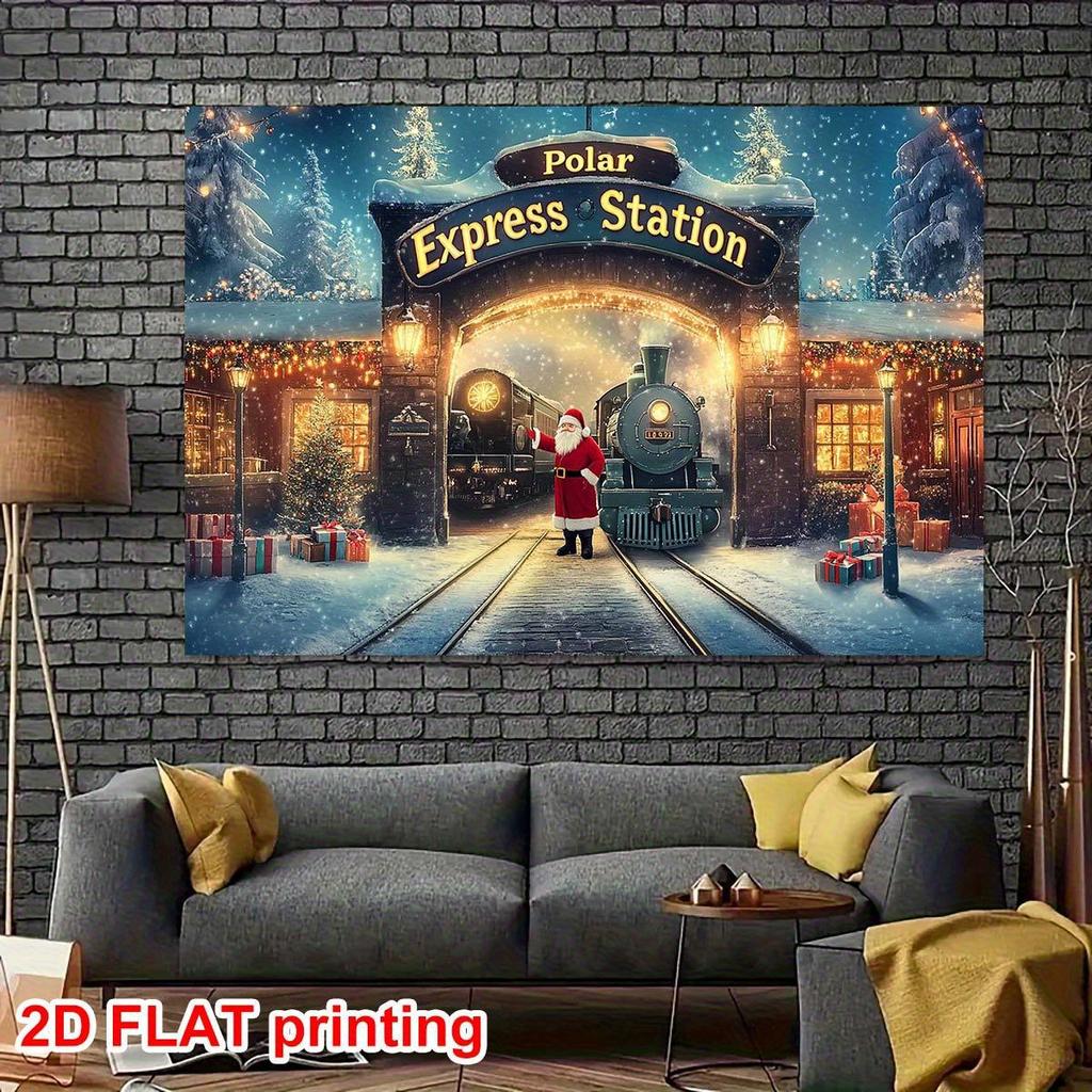 1 Vintage Polar Express Christmas station decoration - Santa Claus Arrival background cloth, snowflake pattern, polyester