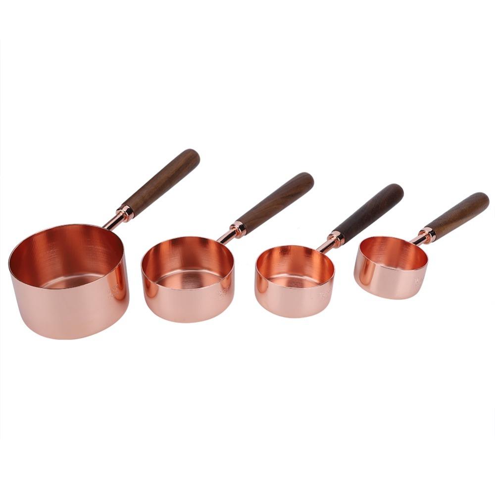 4PC Set Wooden Handle Measuring Cup Set Rose Gold Finish Kitchen Measuring Tools Kitchen Use