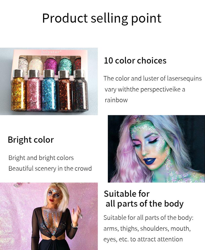 Julystar Body Glitter Gel Set 5 Colors Face & Body Chunky Sequin Liquid Eyeshadow Festival Stage Makeup Sparkling Holographic Cosmetic Kit