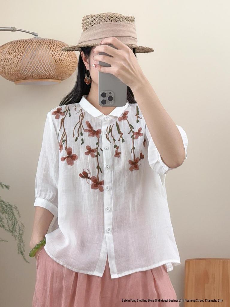 2026 Summer Women's Artistic Embroidered Linen Shirt: Chinese Style, National Flair, Small Lapel, Five-Point Sleeves