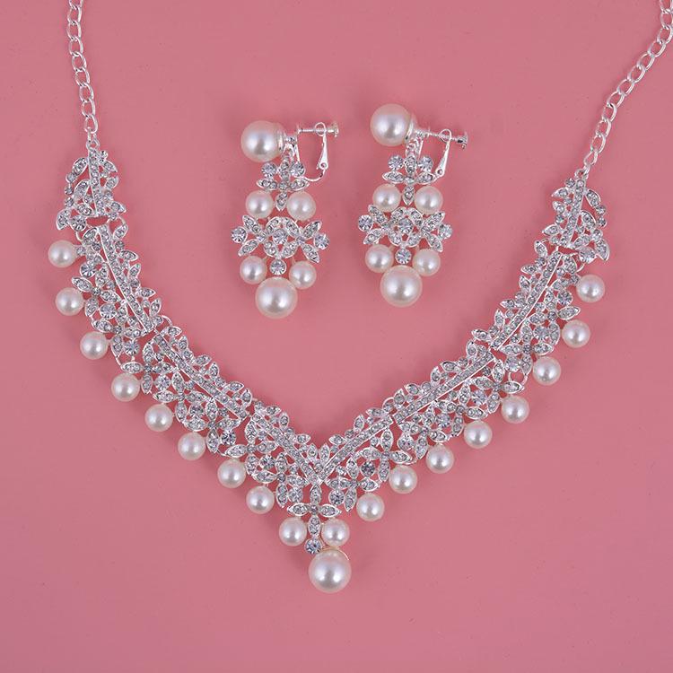 Luxury Fashion Necklaces Earrings Tiara Rhinestone Crystal Pearl Wedding Bride Party Wholesale Bridal Jewelry Sets
