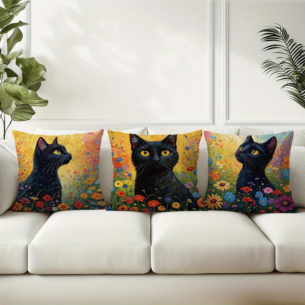 Artistic Black Cat - Floral Oil - Painting Pillow CoversLiving Room Sofa Cushion Cover, Soft and Comfortable, Room Decoration