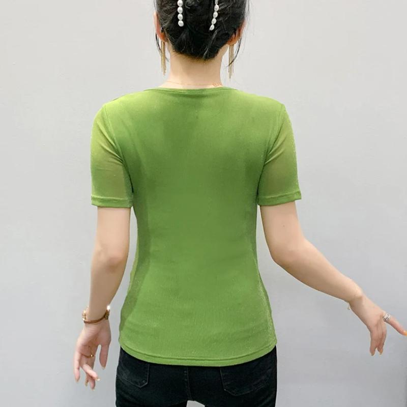 Summer Women's Draped Design O-Neck T-Shirt Trendy Elegant Short Sleeve Mesh Tops New Casual Fairy Tees Blouse