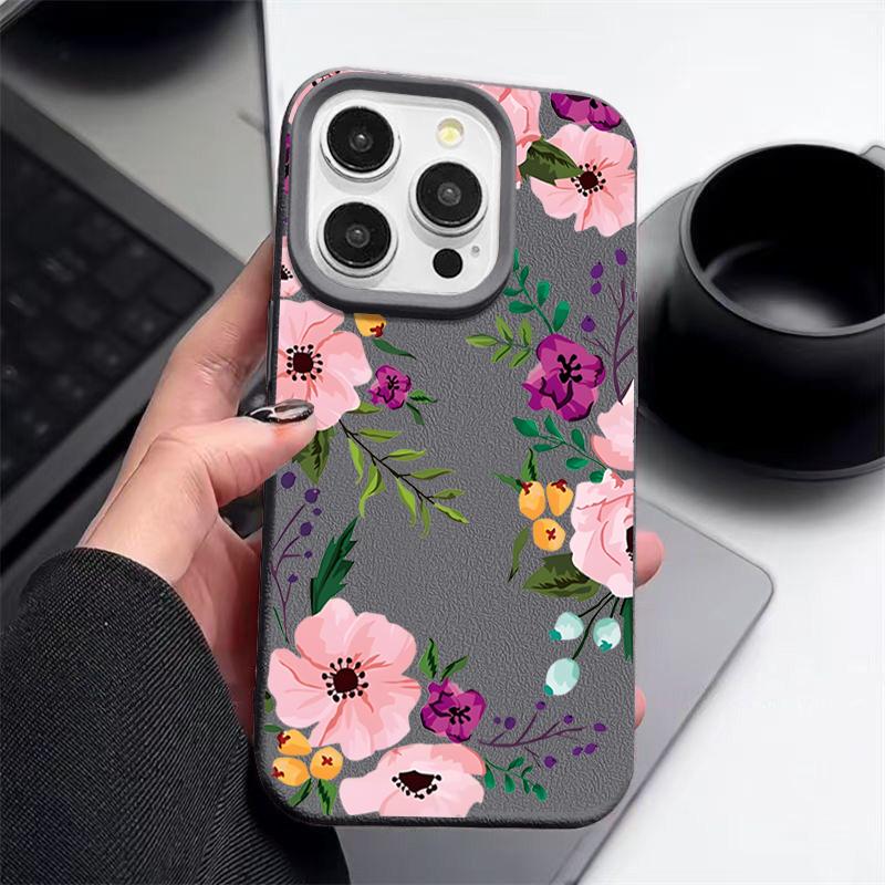 Matte Leather Texture TPU Soft Phone Case For iPhone 16 Pro Max 15 Pro 14 13 12 11 Floral Print Slim Shockproof Bumper Cover
