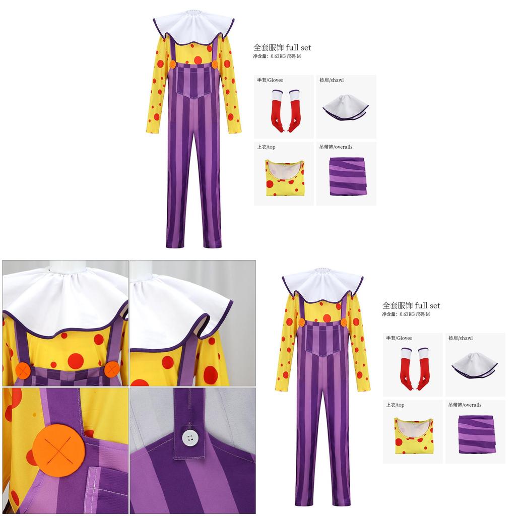 Toy Story Chuckles The Clown Cosplay Costume With Long Sleeve Top And Overalls For Halloween Dress Up