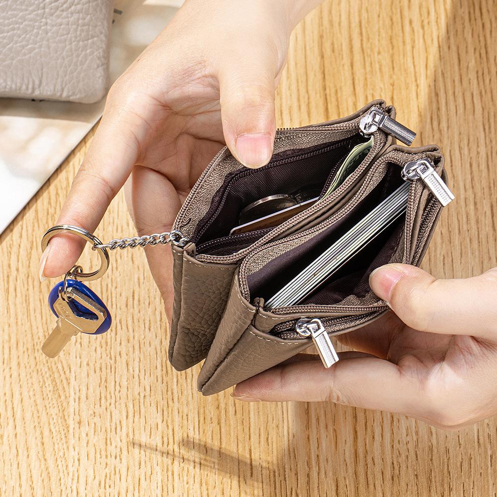 New first-layer cowhide simple women's zipper change bag three zippers large-capacity storage bag coin bag