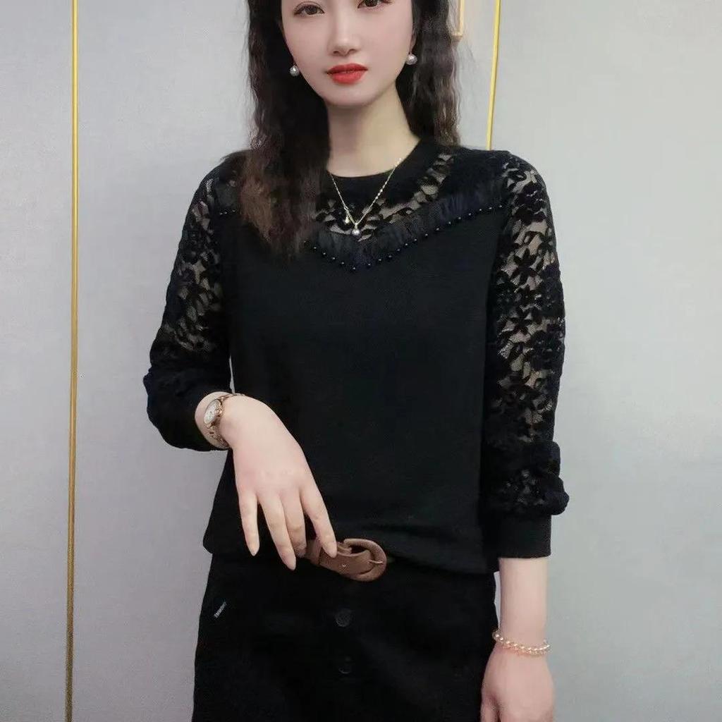 Women Spring and Autumn Round Neck Solid Color Sweater Lace Long Sleeve Patchwork Embroidered Pullovers