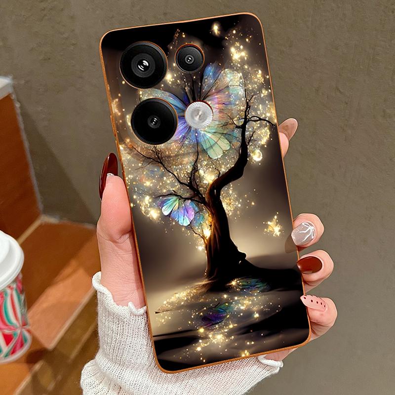 Shining Fantasy Tree Butterfly Pattern Case For Xiaomi Redmi Note 14 13 Pro 5G 4G 12 11 Funda Xiaomi 14T 13T 11T Pro Leather Texture Silicone Cover