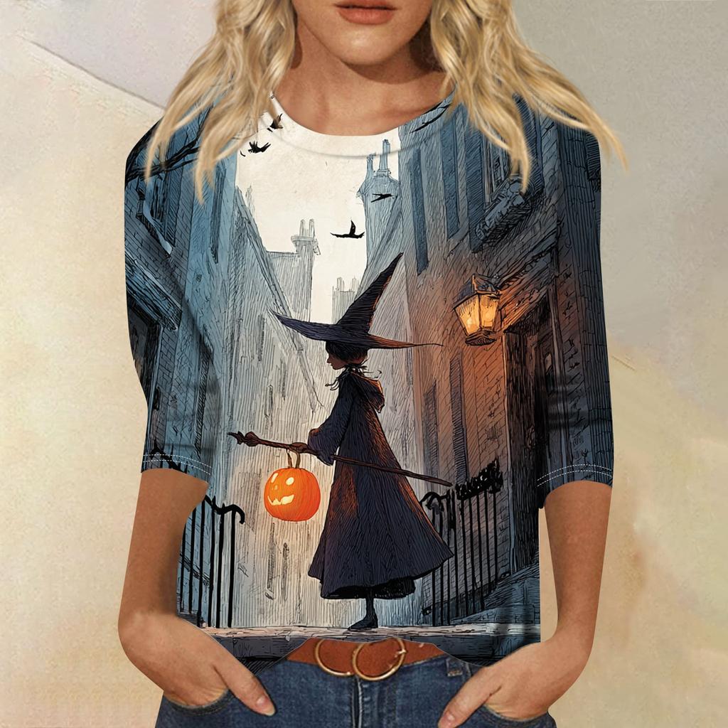 Women's Fashion Casual Round Neck Three-quarter Sleeve Halloween Printed T-shirt Top