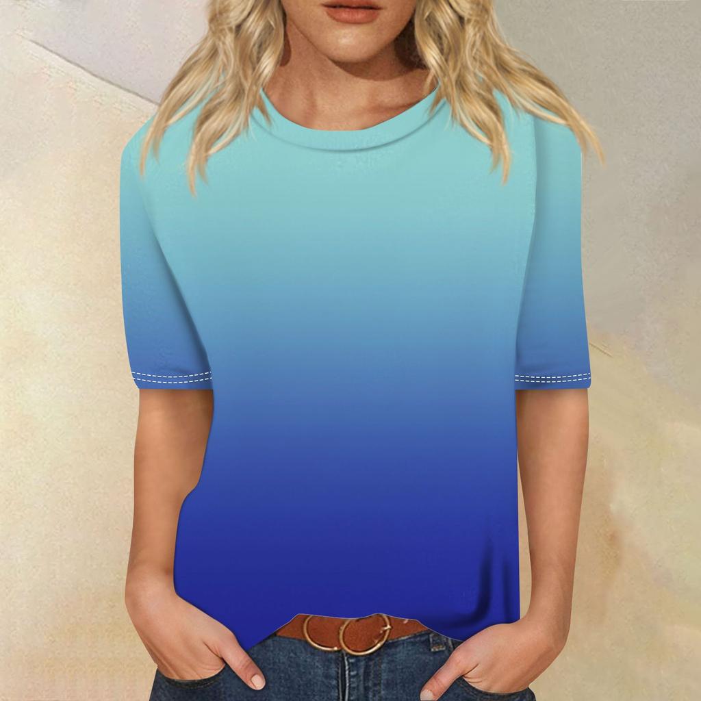 Modisches, lässiges Top mit drei halben Ärmeln und abgestuftem Druck für Damen mit Rundhalsausschnitt