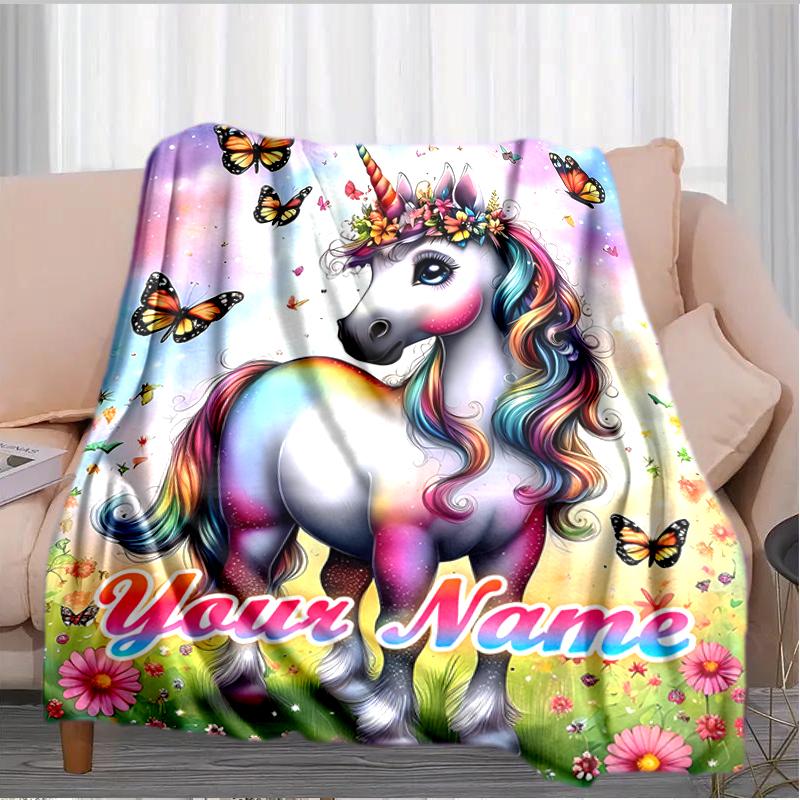 1PC Custom Name Fantasy Unicorn Garden flannel blanket versatile,all-season throw suitable for the living room,bedroom,camping,travel,and gift