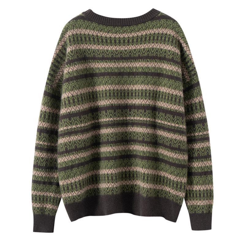 Women's Pure Cashmere Jacquard Stripe Sweater - Loose Fit, Round Neck, Autumn/Winter Style