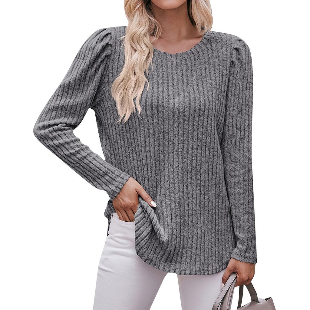 Women's Winter Tops Long Sleeve T-Shirt Round Neck Solid Color Fashion Button Tops