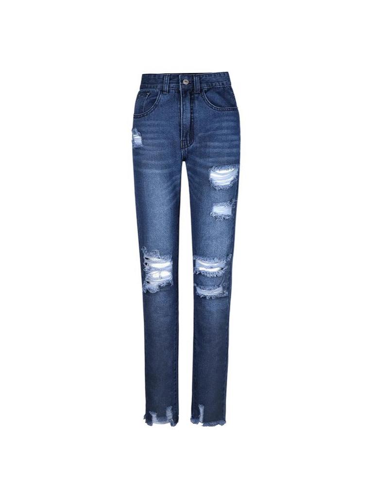 Women's Slim Fit Ripped Straight Leg Jeans - Solid Color, Versatile Style