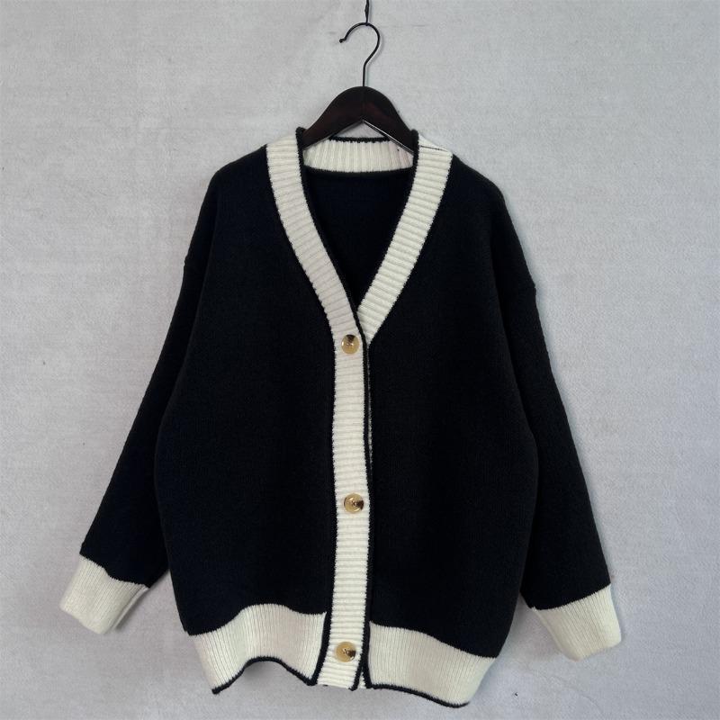 Color Blocking Cardigan V-neck Sweater Women's Loose Knitted Coat Large Size Knitwear Soft Fabric Warm Comfortable Harajuku Style Autumn Winter