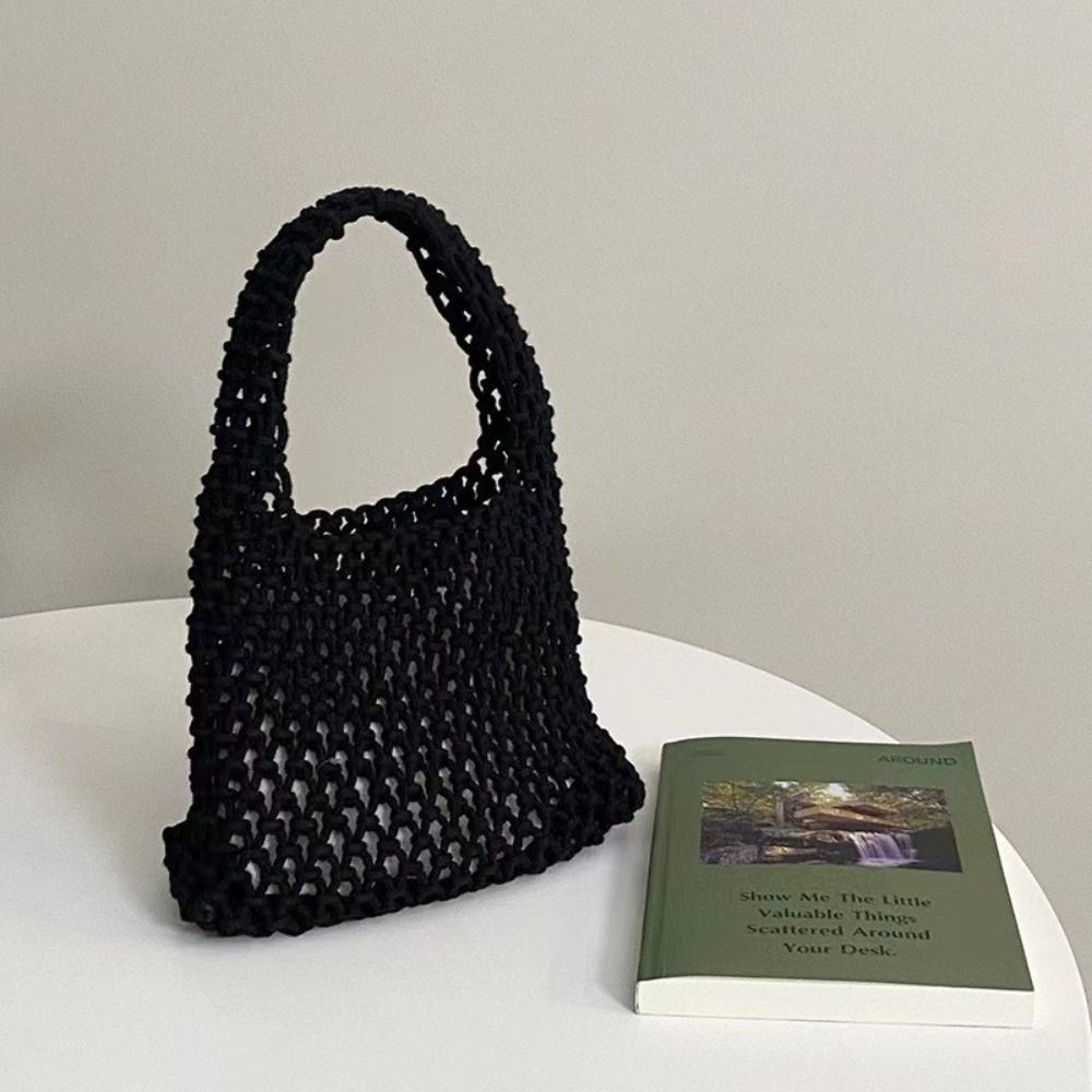 

Versatile Knitted Handbag Handmade Hollowout Woven One-shoulder Pouch Colorful Cotton Rope Large Capacity Mommy Bag чорний