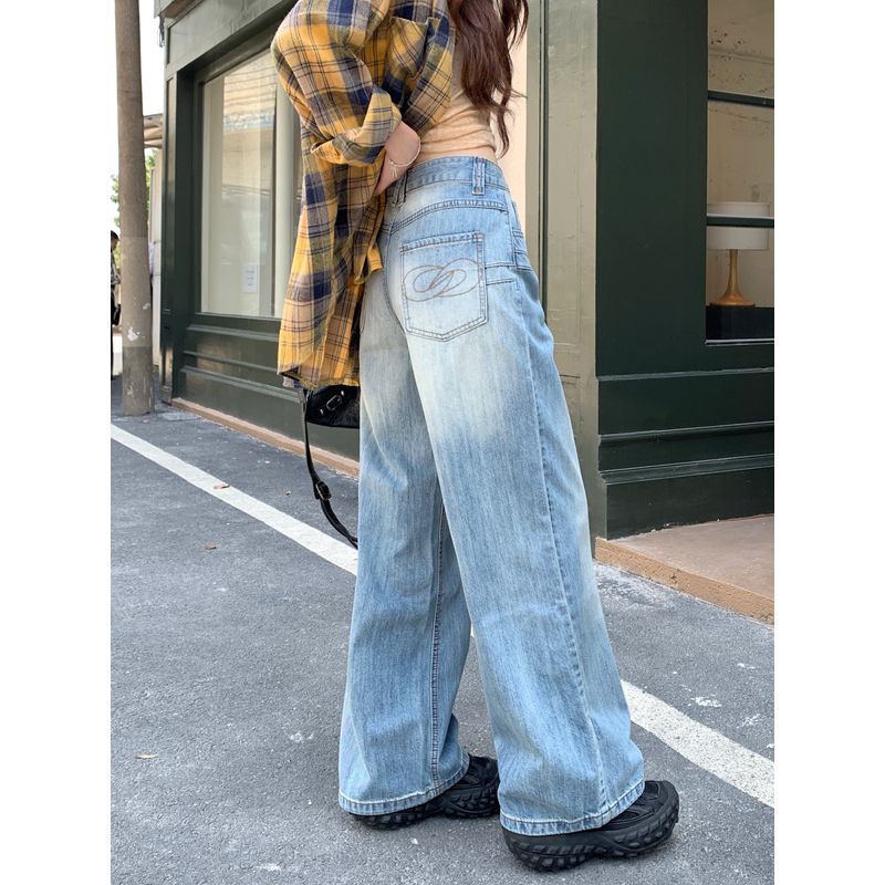 

Kumikumi American Retro Washed High Waist Loose Denim Women s Clothing Early Autumn Niche Style Embroidered Drooping Wide-Leg Pants Blue (pants) XL