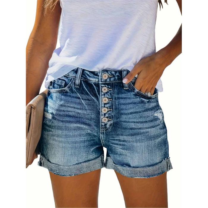 Women s Plus Size Ripped Blue Denim Shorts with Rolled Hem 3XL синий