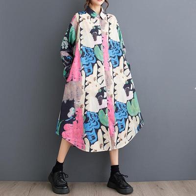 Manga comprida plus size vintage floral novo em vestidos para mulheres casual solto primavera outono camisa vestido