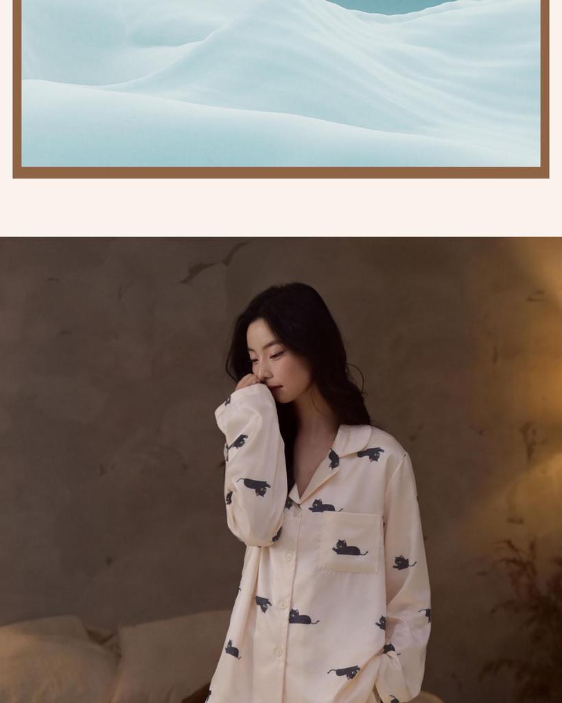 Damen-Eis-Seiden-Pyjama-Set mit Katzenmuster, langärmelig, für Frühling/Sommer - Koreanischer Stil für zierliche Frauen