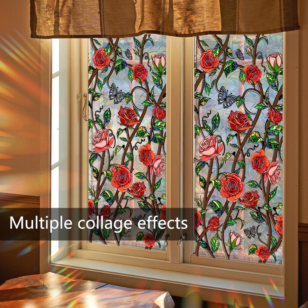 Xc2017-Kq Bunte Sonnenlicht Rosenranke Retro Fensteraufkleber Doppelseitiger Druck Visueller statischer Fensteraufkleber PVC