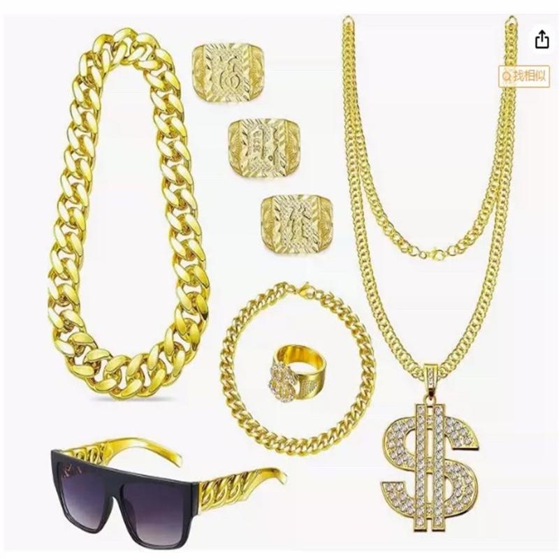Atuendo de los 80s 90s Kit de Disfraz Hip Hop Collar Anillos Gafas de Sol Accesorios Geniales para Rapper Disfraz de Halloween Cosplay Regalos