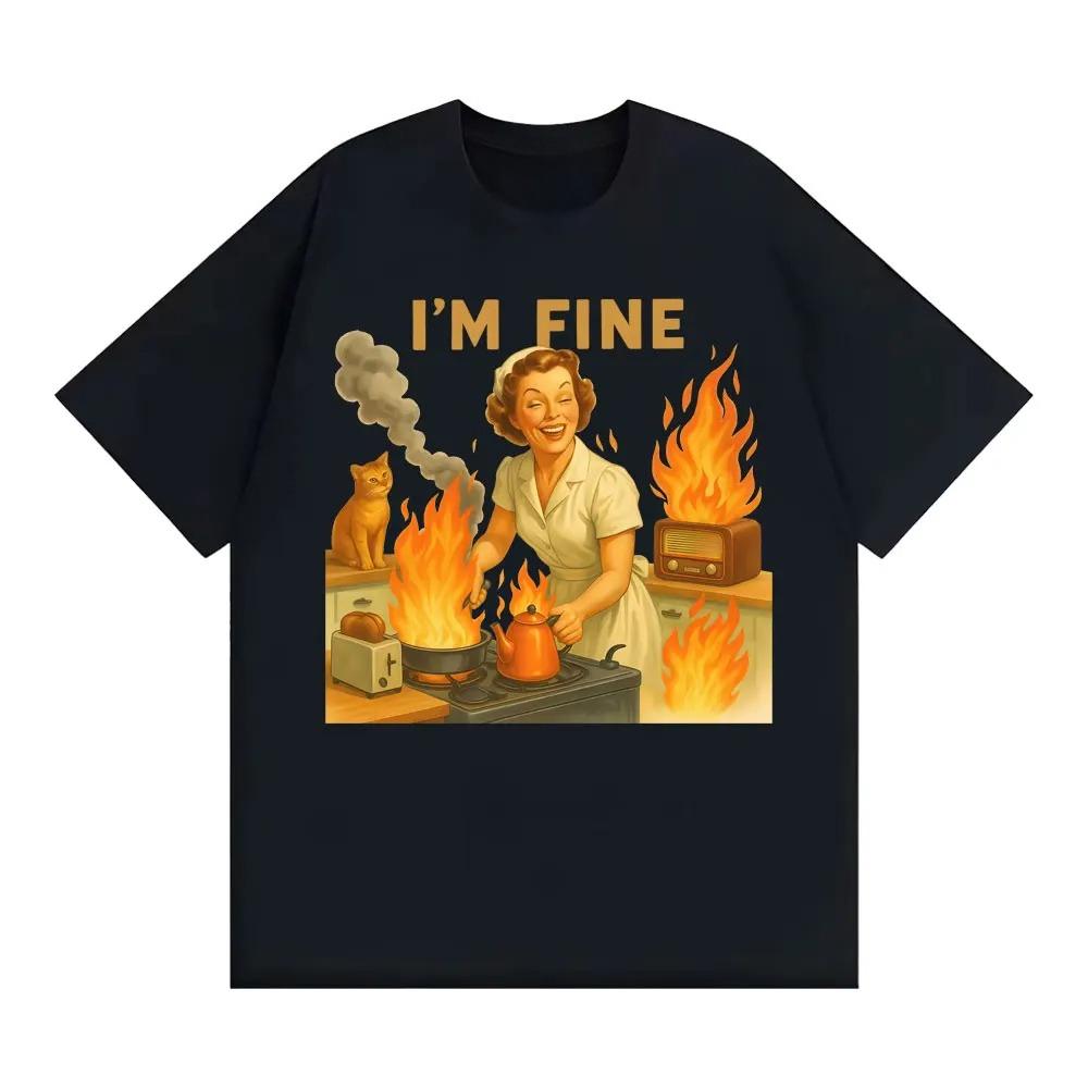 I m Fine Retro Funny Housewife Pattern Emoji T-shirt, Fashion Gothic High Street T-shirt for Women Graphic Tshirts Personality S разноцветный