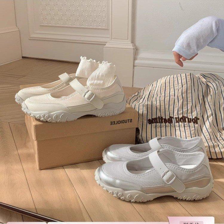 

Cowhide version thick-soled heightening casual sports shoes breathable mesh one-word with shallow mouth Mary Jane shoes 40 белый