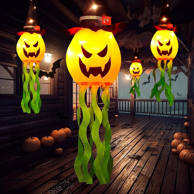 Halloween Decorations Glowing Ghost Witch Hat Halloween String Lights - Indoor/Outdoor Hanging Decor for Home, Garden & Tree (4Pcs)