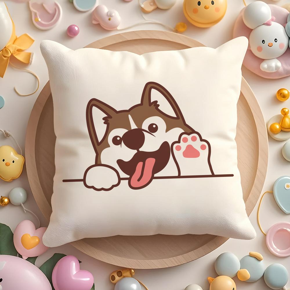 Cushion Cover Cute Dog Waving Paw Plush Fabric Soft Double-Sided Printed Sofa Warm Winter Home Gift Pillow Case