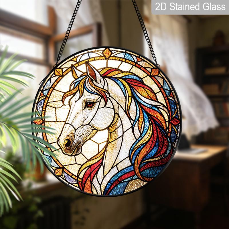 2D Flat Stained Glass Vintage Horse Window Decoration, 7.87inches Cool Design Colored Glass Plate with Chain, Charming Sun Catcher Home Summer Decor