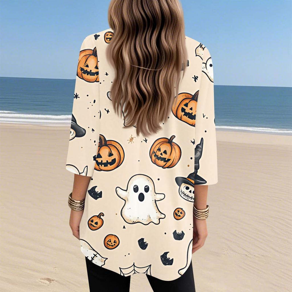 Womens Tops V-neck 3/4 Sleeve Blouses Casual Mid-length Shirts Fashion Halloween Print Tunic Tops With Pockets