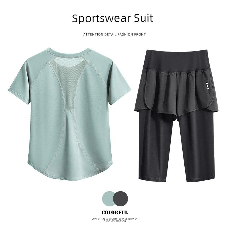 

2025 Spring and Summer New Sports Short sleeve Women Elastic Quick-Drying Breathable Fitness Top Training Running Yoga Clothes Slimming [Green + gray skirt 5 pants] Two-piece set 2XL