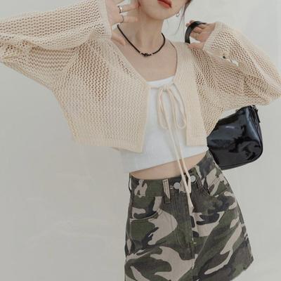 Korean Fashion V Neck Knit Cardigan Ladies Lace Up Hollow Out Mesh Thin Sun Protection Slim Fit Daily Outerwear