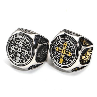 Anillo de cruz de San Benito Cspb de exorcismo vintage para hombre, amuleto punk, anillos de cristianismo, joyería de acero inoxidable para novio