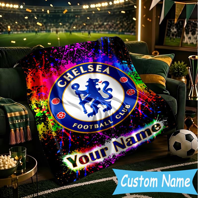 Custom Name Chelsea Football Club Crest Flannel Blanket, Use for Birthday/Holiday Gift, Soft Blanket for Sofa/Bed/Camping/Office, Home Decor