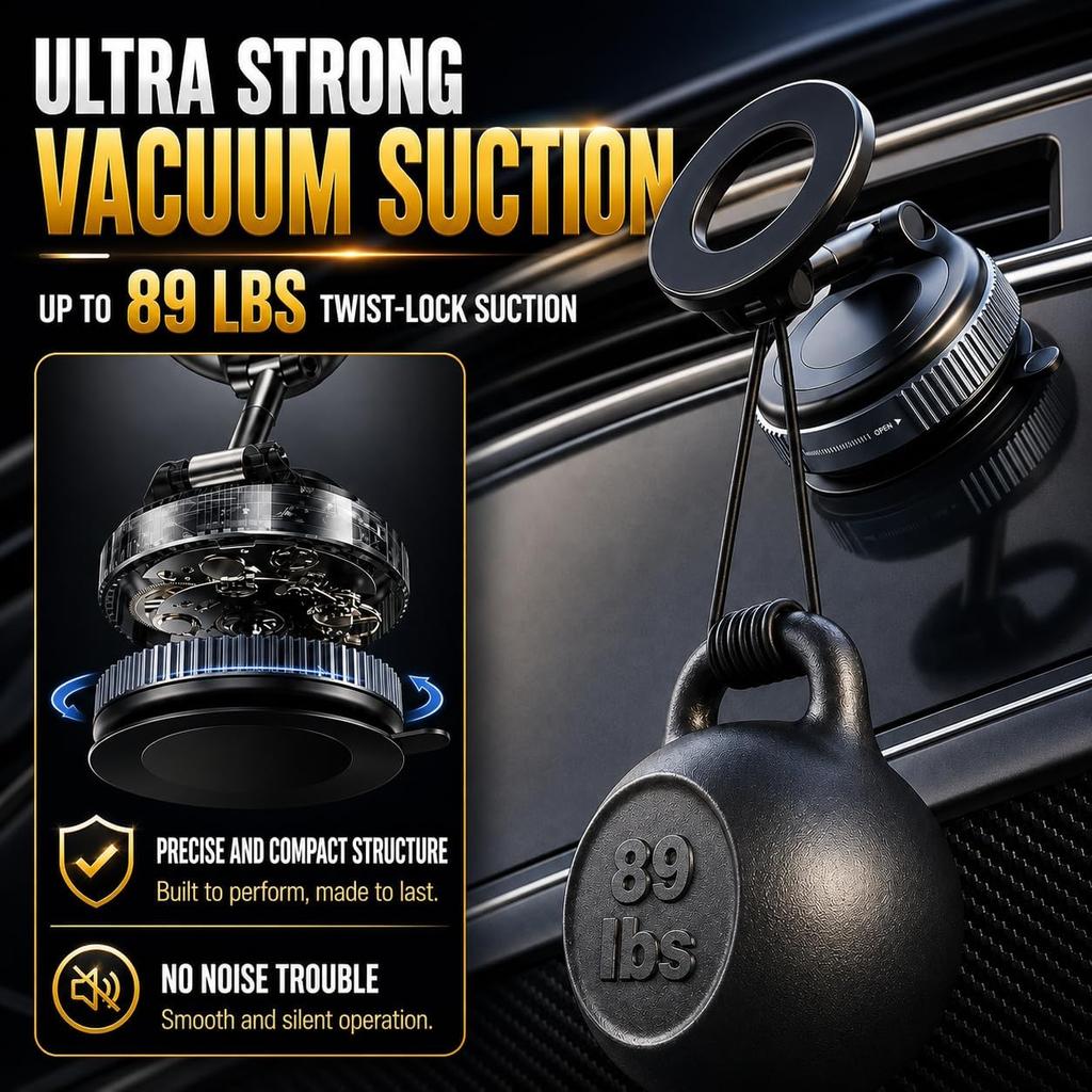 Magnetic Phone Holder for Car – 360° Rotation Vacuum Suction Mount – Strong Magnetic Dashboard & Windshield Phone Stand Compatible with iPhone,