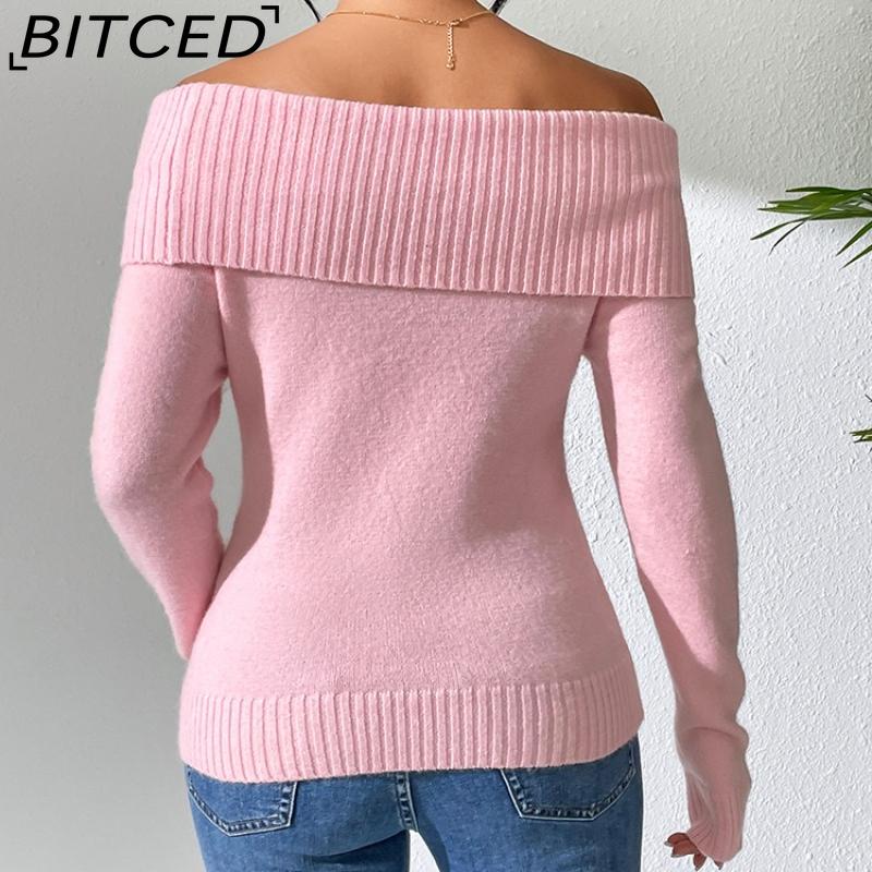 BITCED Women's Tailored Off-Shoulder Sweater Sexy Bare-Shoulder Knit Sweater Solid-Color Base Layer Knit Top