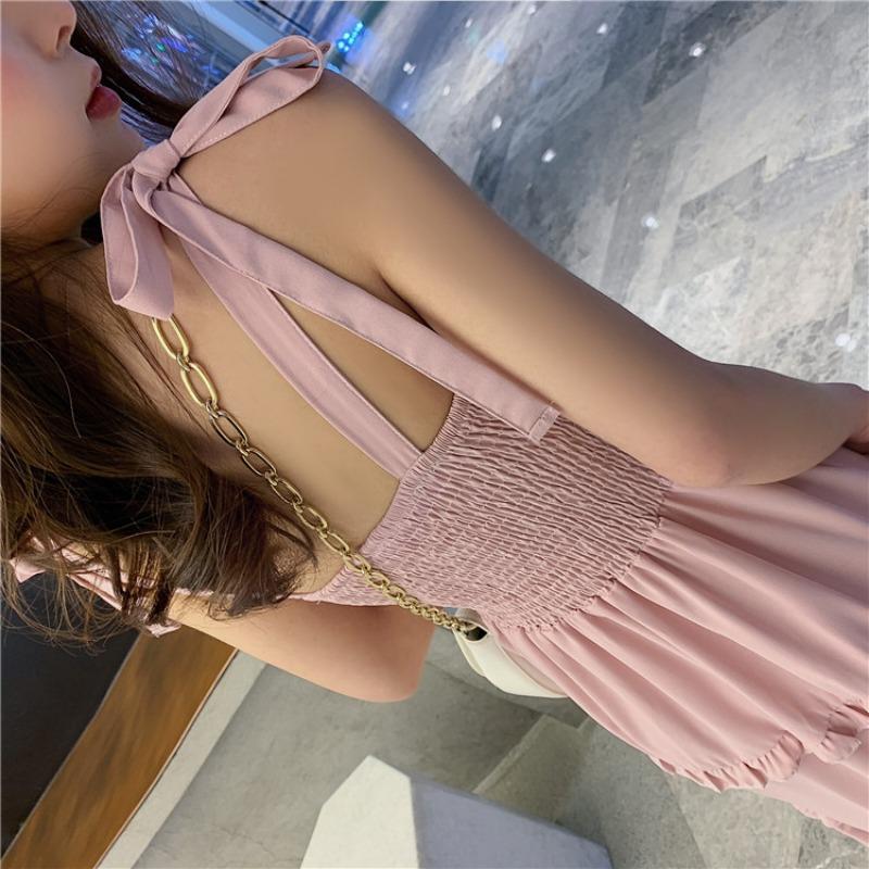 Sommer Neu Einfarbig Krawatte Schleife Sexy Träger Kleid Damen Retro Hohe Taille A-Linie Lässig Locker Lange Kleider Damen Mode Slim Fit Rüschen Elegantes Kleid 26371