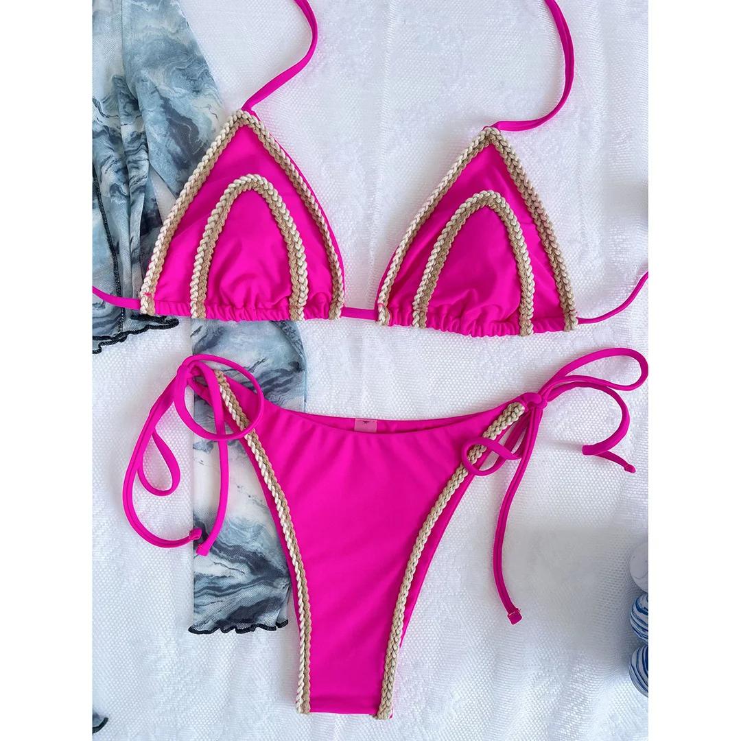 

Сексуальный бразильский бикини с бретельками через шею, женский купальник, женский купальник, комплект из двух частей, купальный костюм, женский купальник M розовый