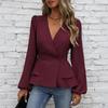 Top da donna Scollo a V Manica lunga Blusa snellente Vita aderente Orlo con volant Camicia a tinta unita Top Abbigliamento quotidiano