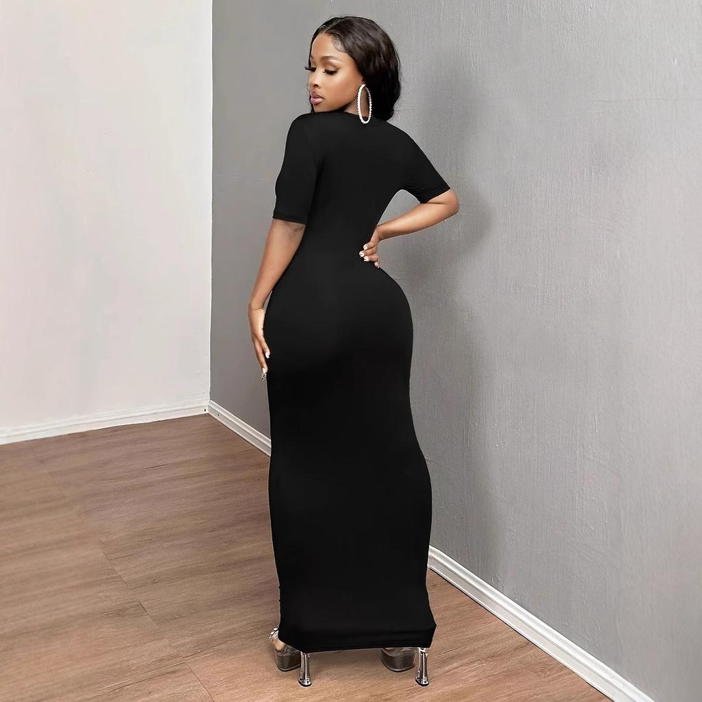 Women's dress summer short-sleeved V-neck sexy long tight dress