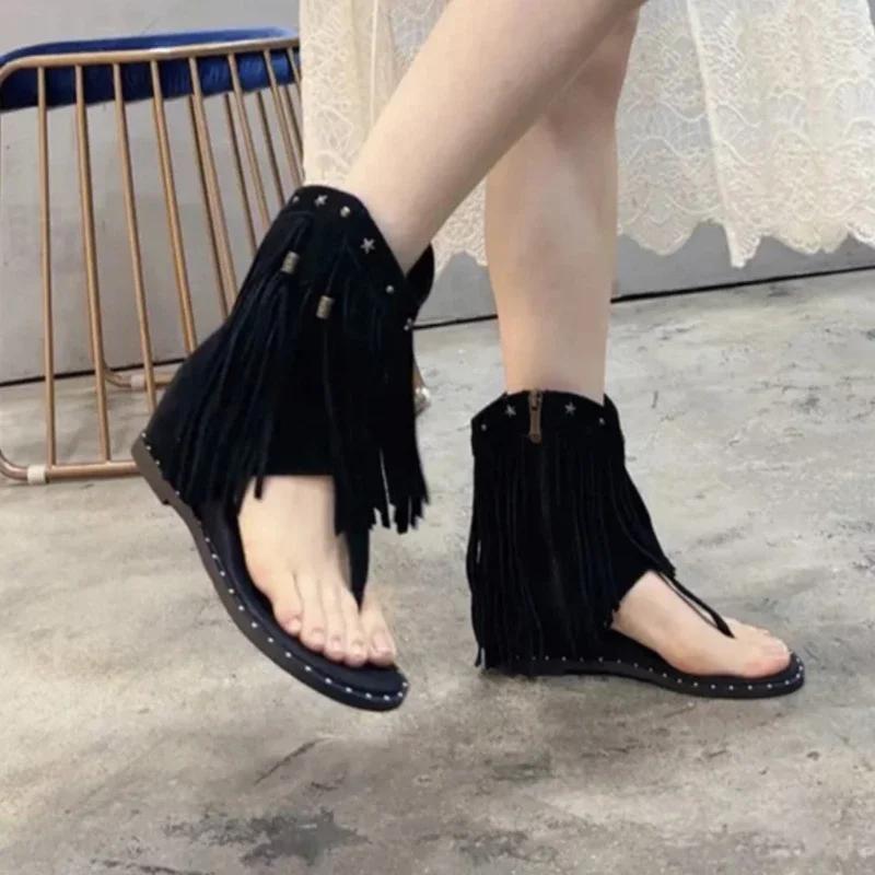 Fashion Studded Sandals Women's Shoes Flip Flops Low Heel Tassel Summer Roman Shoes Luxury Corrective Toe Clip Boots New Style