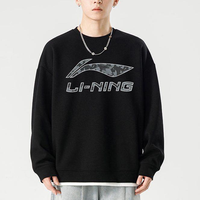 Li-Ning Letter Logo Print Crew Neck Pullover Fleece Sports Sweatpants And Hoodie Set Men Sweatpants And Hoodie Black AWDTC71-1+AKLSC99-1