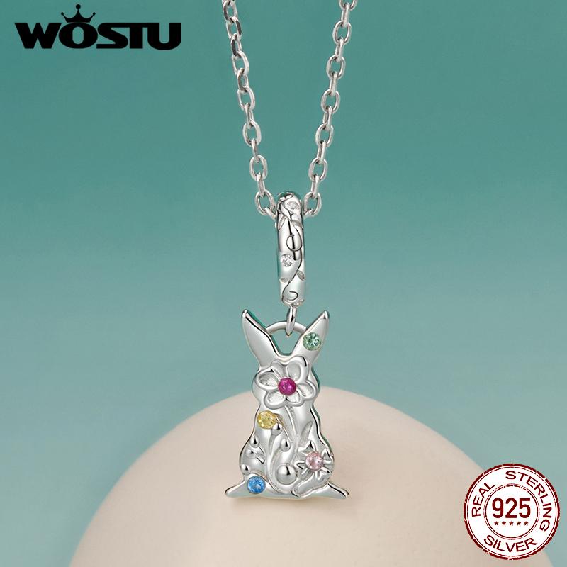 WOSTU Easter Eeries 925 Sterling Silver Colorful Rabbit Charm Lucky Star Egg Pendant Safty Chain Easter Basket Stuffers DIY Gift