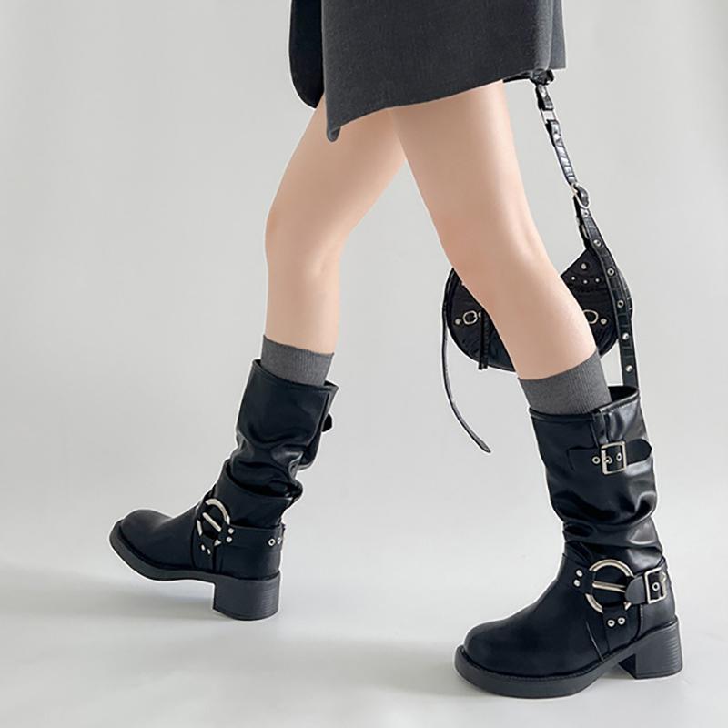 Thick Heel Women Mid Calf Boots Fashion Buckle Decoration Shoes Autumn Winter Ladies Western Cowboy Boots