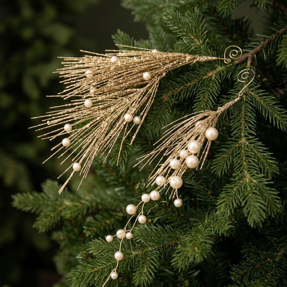 Handmade Christmas Pearl Pick Branch Realistic Xmas Tree Hanging Ornament Holiday Wreath